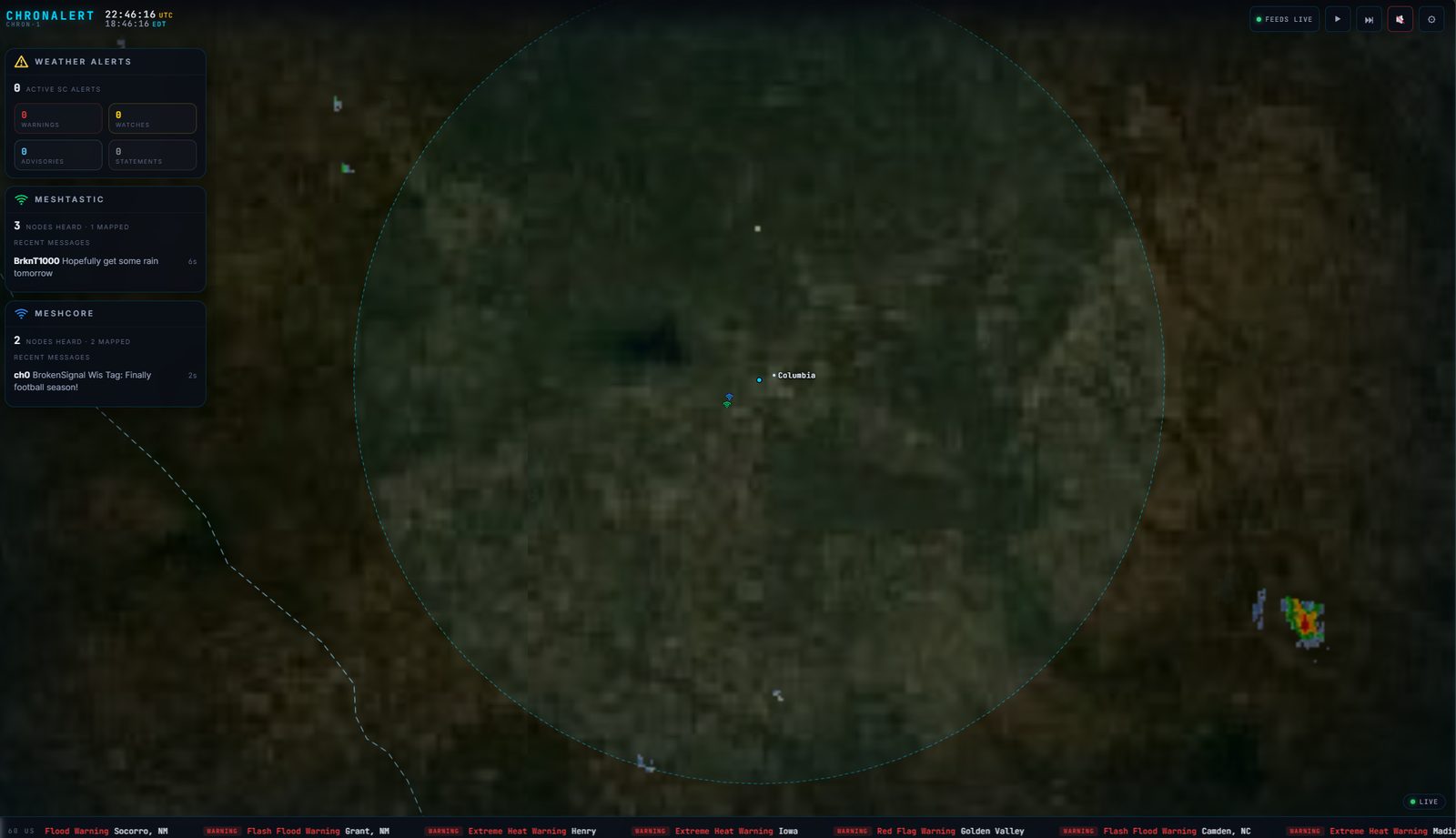 ChronAlert Local view showing Meshtastic and MeshCore nodes and messages