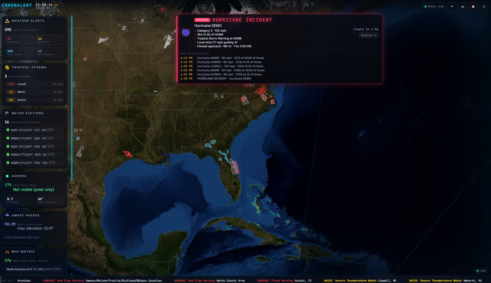 ChronAlert Situation Room - a critical hurricane incident takes over the screen with a how-it-developed timeline