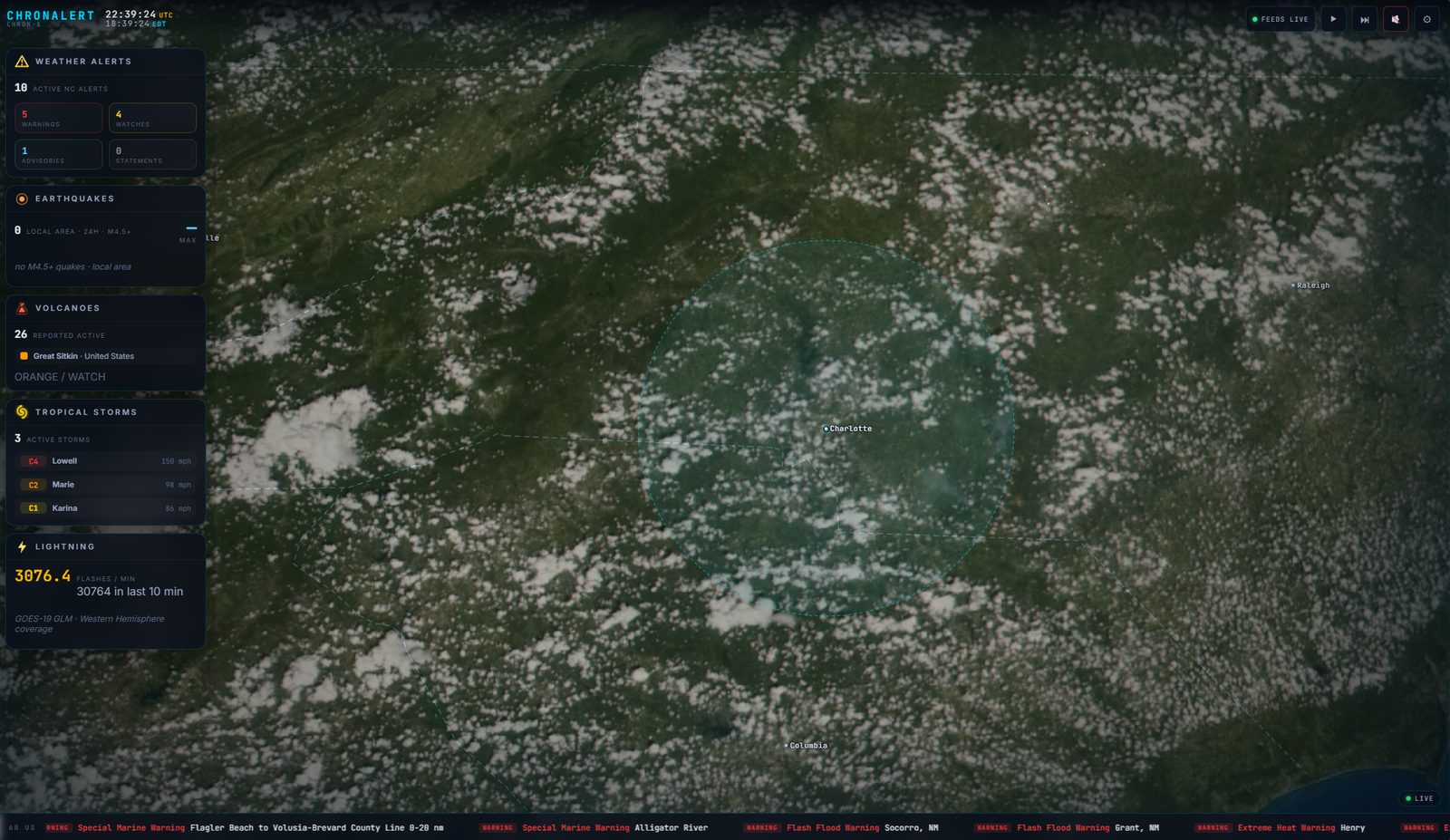 ChronAlert Regional view centered on a location with a Watch Zone ring