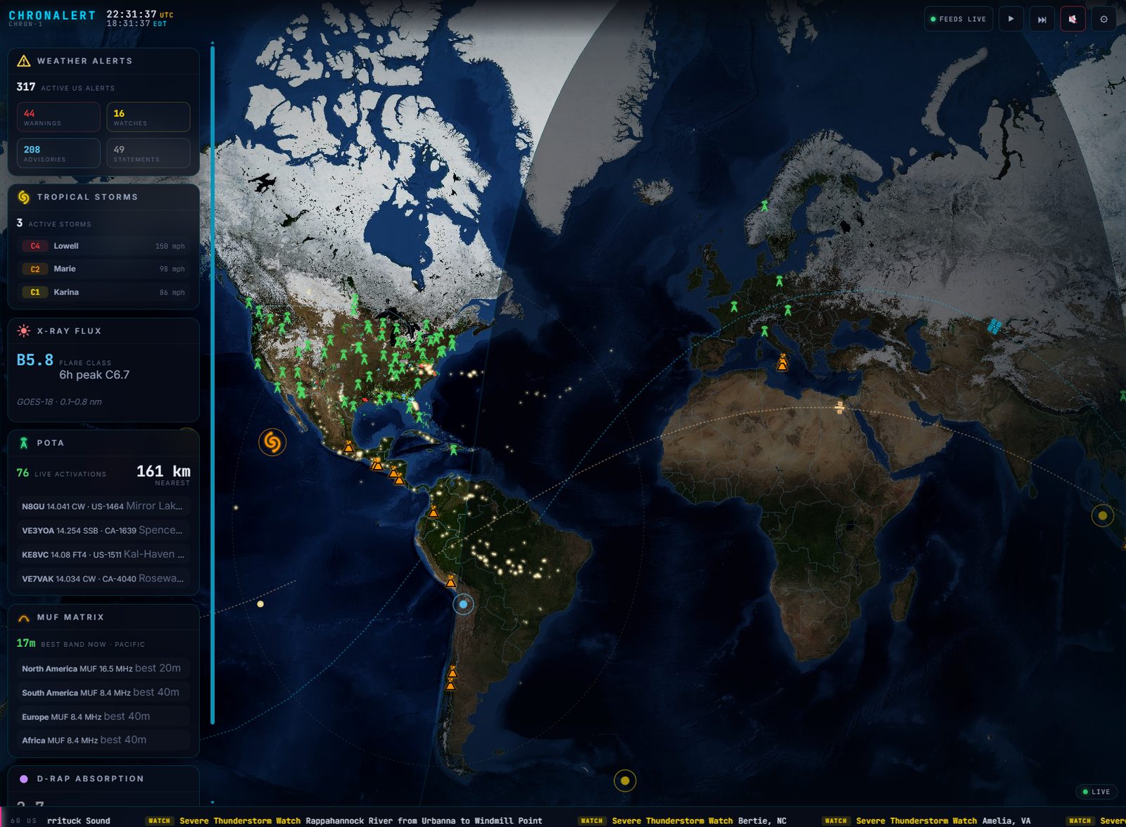 ChronAlert World view - global map with weather alerts, tropical storms, space weather and ham-radio activity